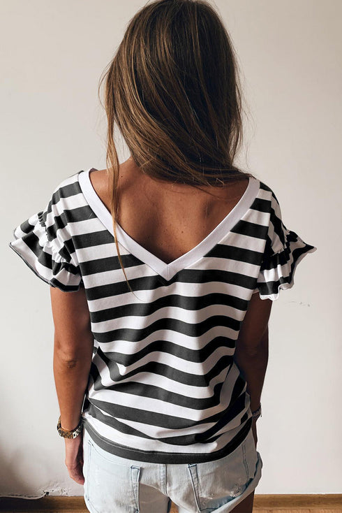Striped V Neck Ruffle Sleeve Top